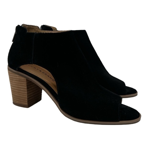 Lucky Brand Keight Suede Black Leather Peep Toe Ankle Booties size 7.5 M - Picture 4 of 10